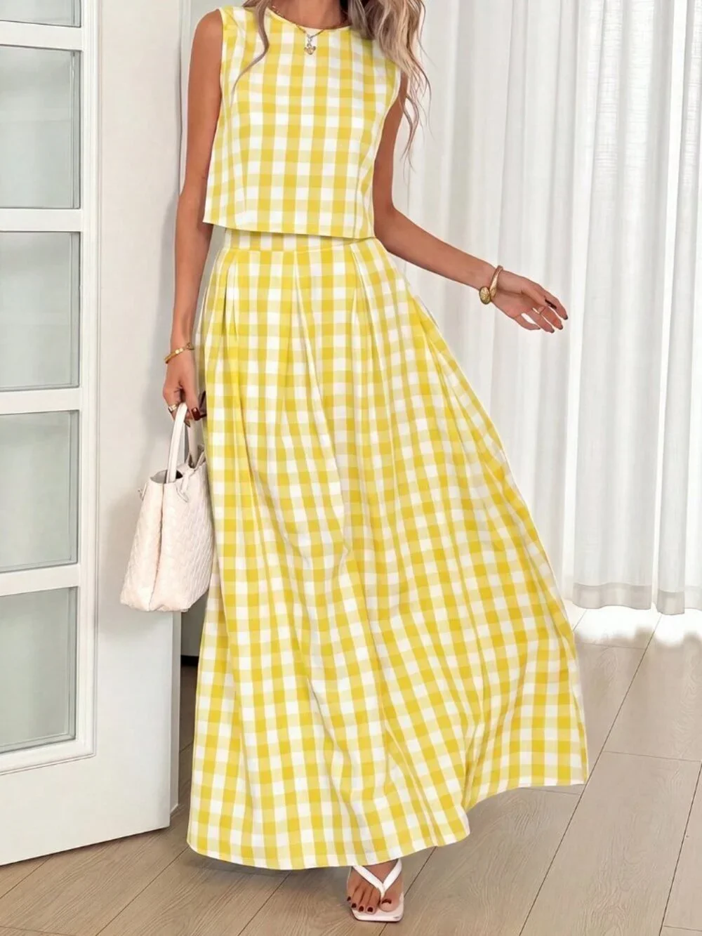 Yellow Casual Women's Plaid Sleeveless Top And Skirt Coord set